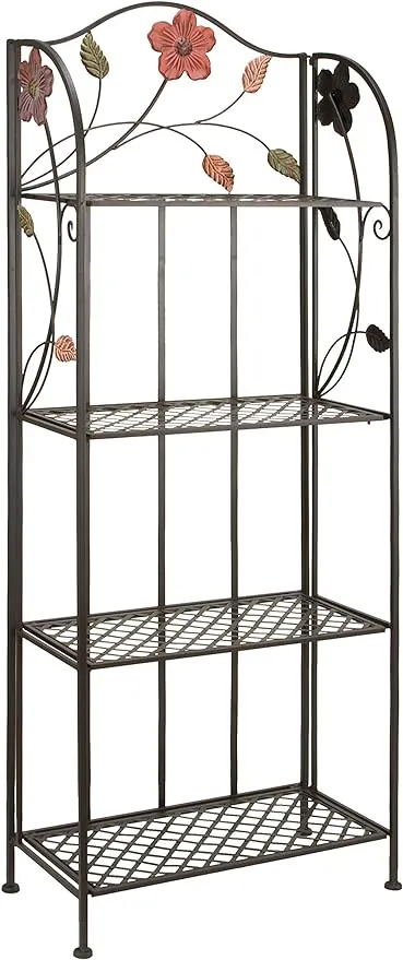 Deco 79 Metal Floral Indoor Outdoor Tall Folding 4 Shelf Bakers Rack, 25" x 12" x 68", Black