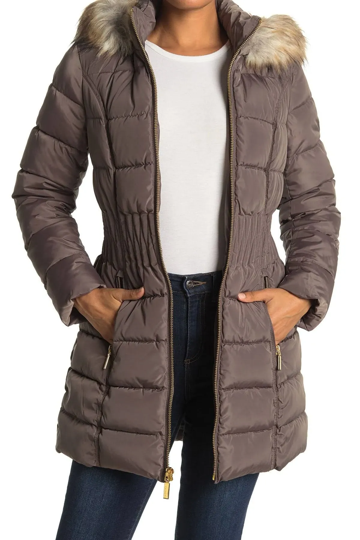 Laundry by Shelli Segal Faux Fur Hood Quilted Puffer Jacket - Warm Taupe at Nordstrom Rack