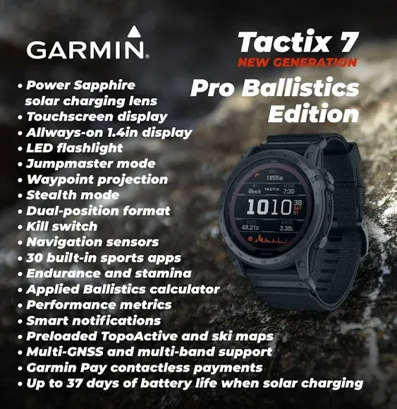 Garmin Tactix 7 Pro Ballistics Edition Solar-powered Tactical GPS Smartwatch, 1.4 in. with Applied Ballistics and Nylon Band with Wearable4U Black EarBuds Bundle