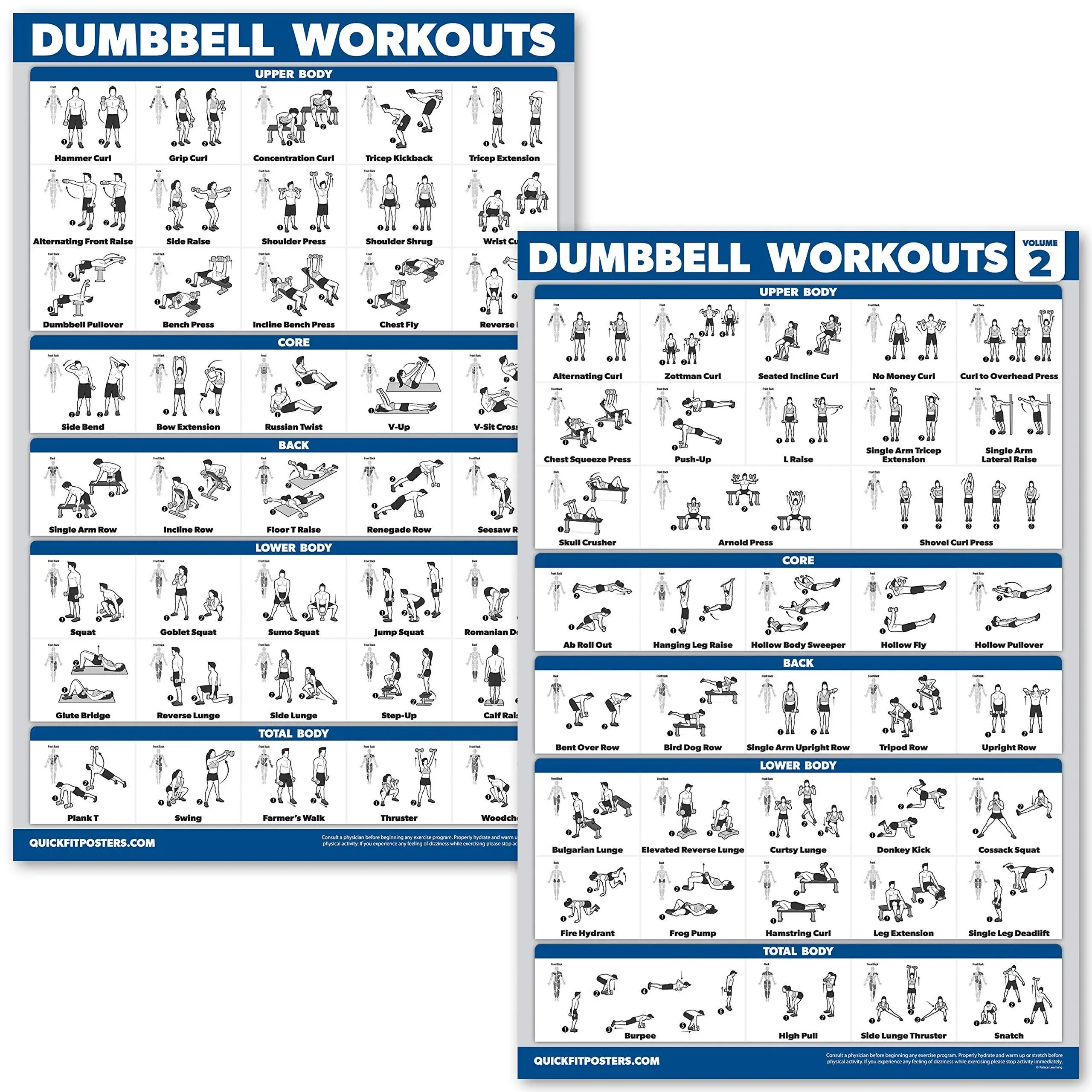 2 Pack Dumbbell Workout Exercise Poster - Volume 1 & 2 - LAMINATED (18" x 24")