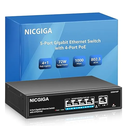 4 Port Gigabit PoE Switch Unmanaged with 4 Port IEEE802.3af/at PoE+@120W 1 x ...