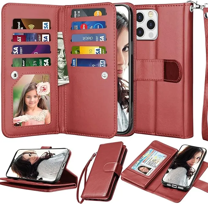 Njjex Compatible with iPhone 13 Mini Case/iPhone 13 Mini Wallet Case 5.4" (2021), [9 Card Slots] PU Leather Credit Holder Folio Flip [Detachable] Kickstand Magnetic Phone Cover & Lanyard [Wine Red]