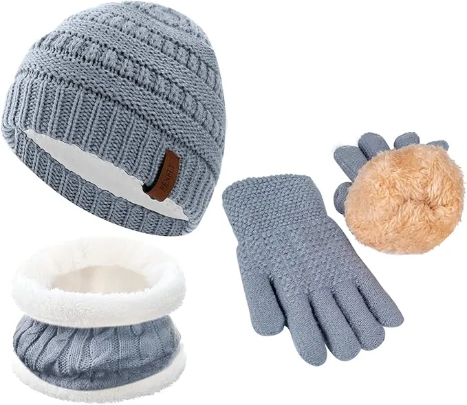 Kids Knit Hat,Scarf,Gloves Winter Set, Warm Hat With Fleece For Boys & Girls.