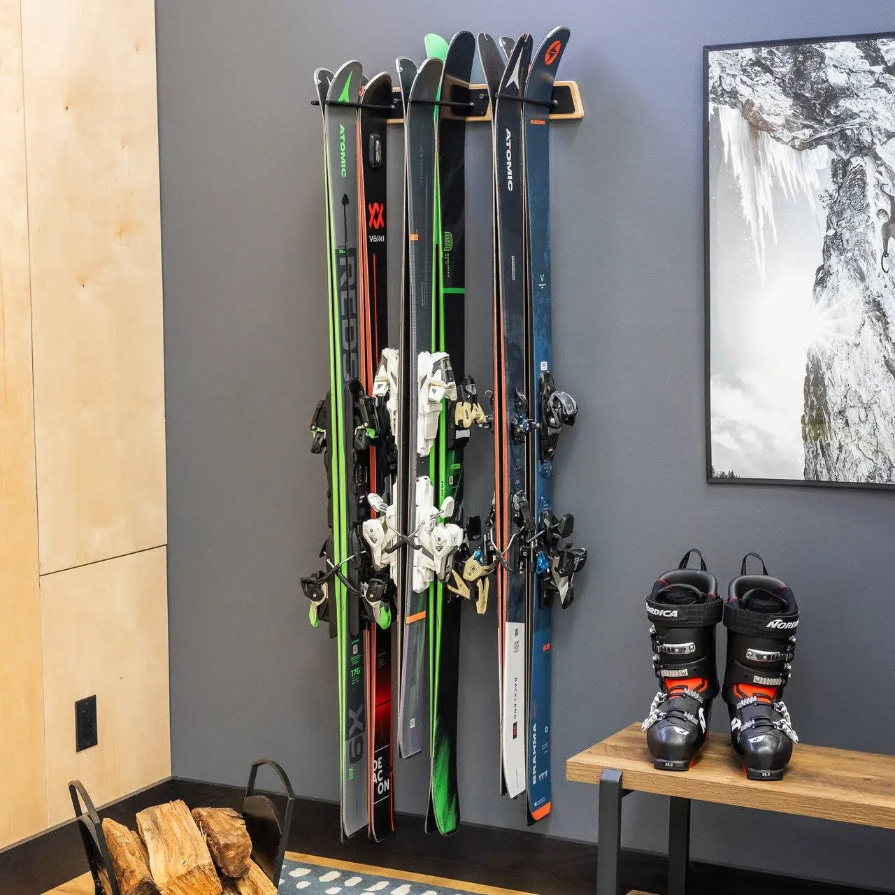  Natural Wood Ski Rack, Wall Mount 6 Ski Storage, Indoor or Garage, Wood and 