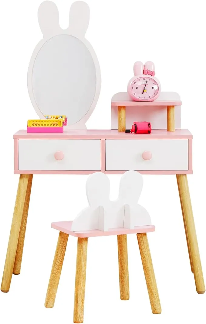 cuoote Kids Vanity, 2 in 1 Girls Vanity Set with Mirror and Stool, Pink Vanity Desk with 2 Drawers, Writing Desk & Makeup Vanity, Kids Vanity Set with Mirror Age 4-9