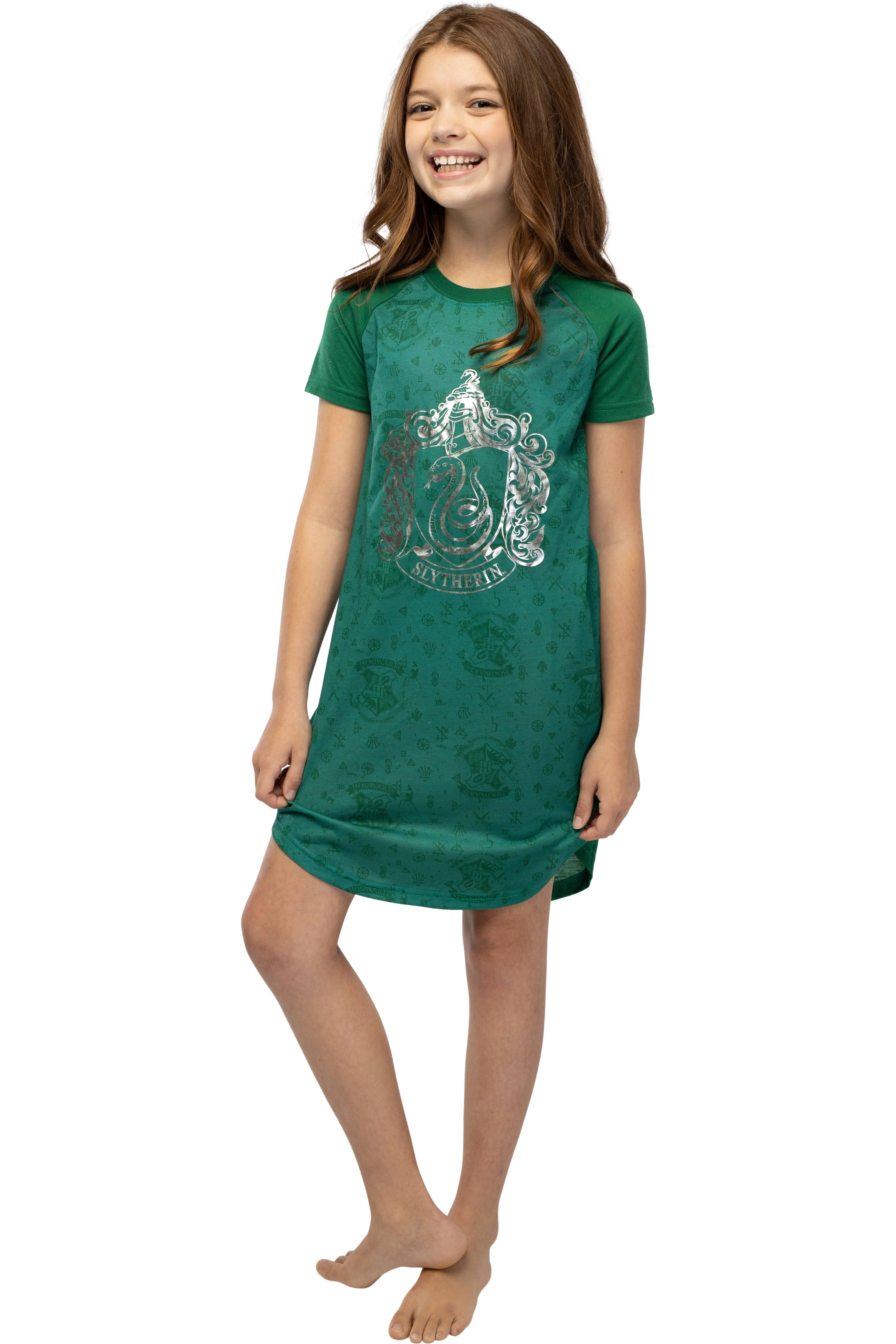 Harry Potter Girls' Foil Print Hogwarts Houses Short Sleeve Raglan Nightgown - All 4 Houses Available