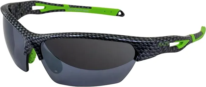 Raze Eyewear Pursuit Sports Sunglasses for Men or Women Carbon Fiber Print Gloss Frame w/Smoke Lens