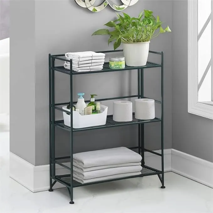 Convenience Concepts Xtra Storage Shelves - 3-Tier Wide Folding Metal Shelving, Modern Shelves for Storage and Display in Living Room, Bathroom, Office, Kitchen, Garage, Forest Green