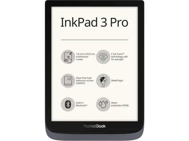 PocketBook InkPad 3 Pro Grey, 7, 8' E Ink® Carta™ (1404 × 1872), SMARTlight, IPX8, Metallic Grey, Dual Core (2×1 GHz), Operative memory: 1 GB, Flash.