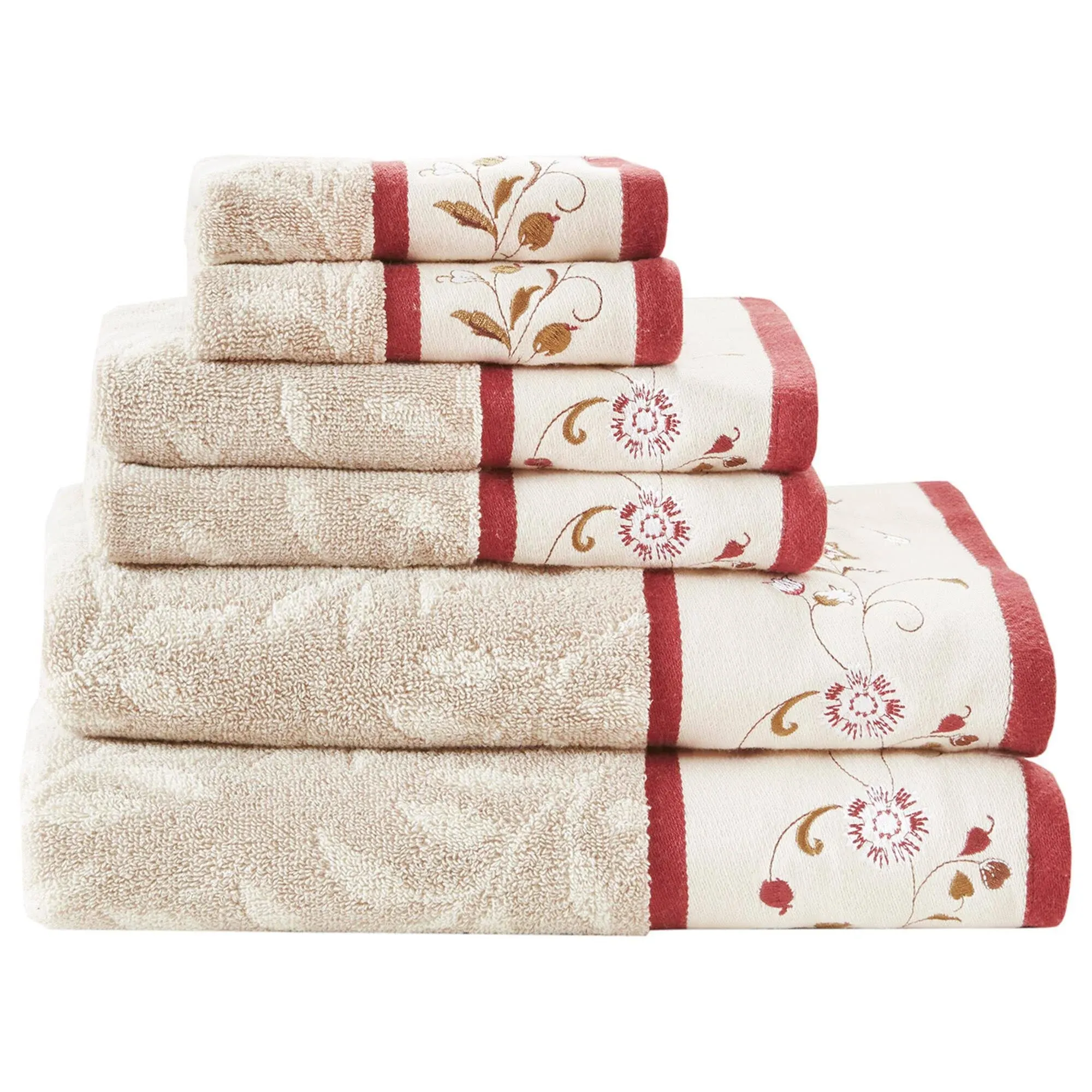 Madison Park Red Serene Embroidered Cotton Jacquard 6 Piece Towel Set