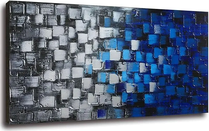 Large Textured Abstract Squares Canvas Wall Art Handmade Blue and Silver Oil ...