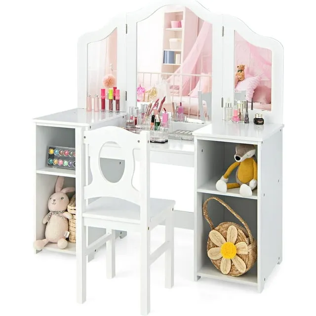 INFANS Kids Vanity, 2 in 1 Princess Makeup Desk & Chair Set, Wooden Dressing Table, Pretend Play Vanity Set for Girls