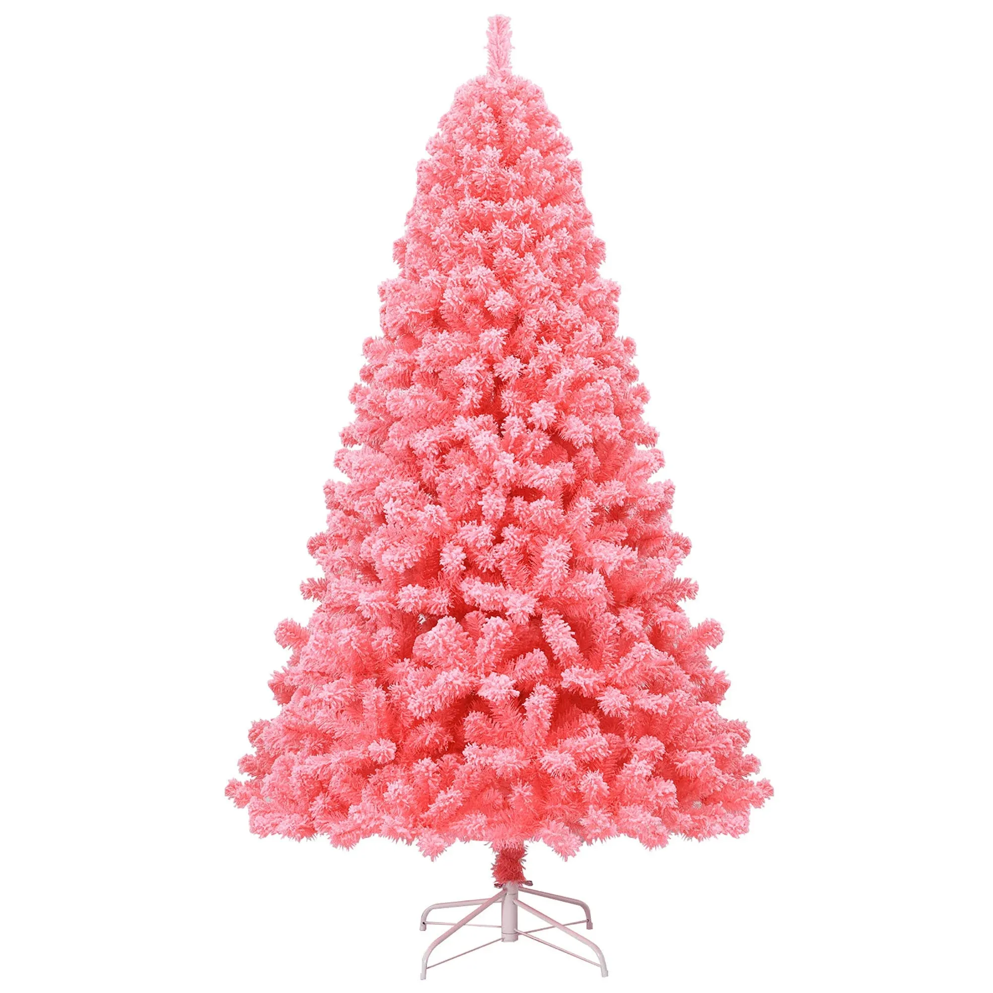 Costway Pink Snow Flocked Hinged Artificial Christmas Tree with Metal Stand