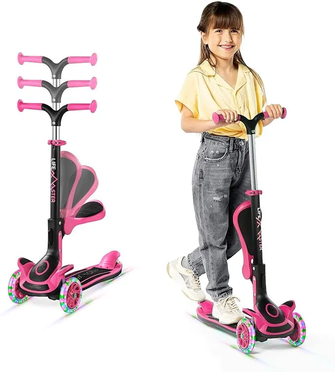 Kids Scooter – Foldable Seat – LED Wheel Lights Illuminate When Rolling – Children and Toddler 3 Wheel Kick Scooter – Adjustable Handlebar – Indoor and Outdoor- Pink - by LifemasterKids Scooter – Foldable Seat – LED Wheel Lights Illuminate When Roll…