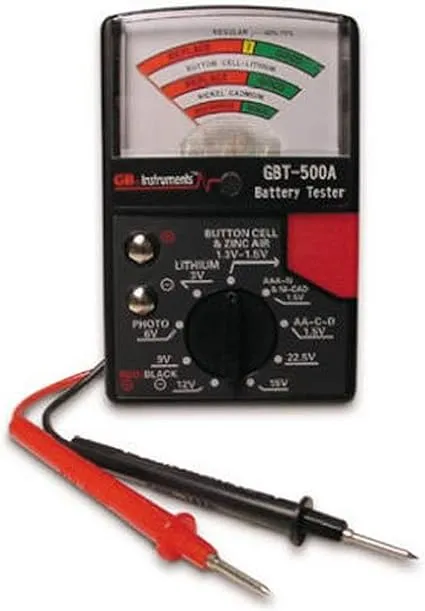 Gardner Bender GBT-500A Analog Battery Tester, Batteries 1.5V to 22.5V, Easy-to-Read Indicator, Includes Test Leads