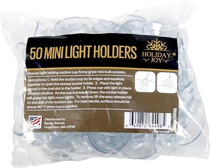 Holiday Joy - 50 Mini Christmas Light Holders for Windows - Made in USA