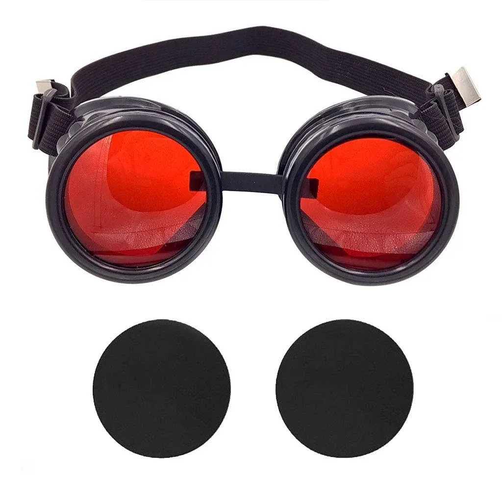 TamBee New Colored Diamond Lens Vintage Steampunk Goggles Glasses Welding Black with Red Rechangeable Lens Halloween Face Mask