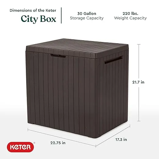 Keter Copenhagen 32 Gallon Trash Can with Lid City 30 Gallon Deck Box for Storage