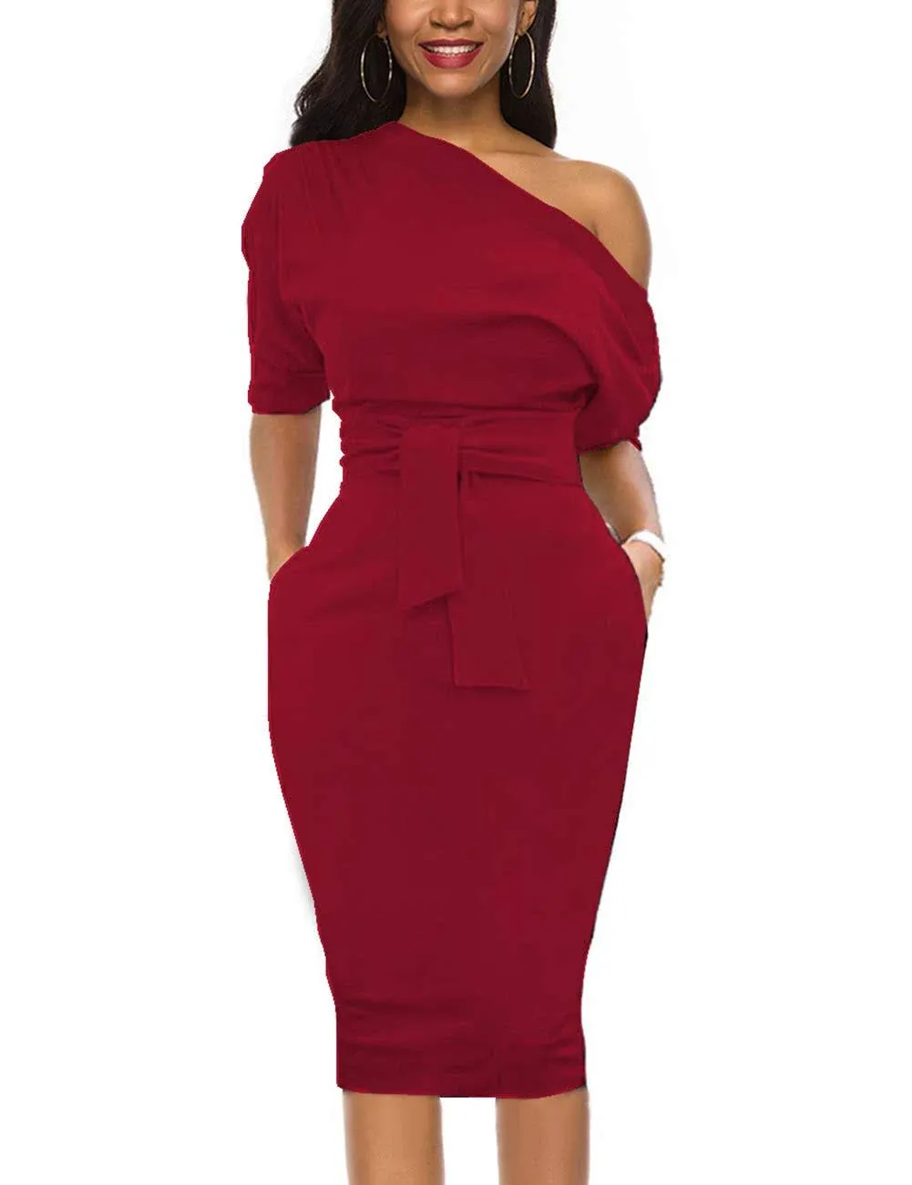 Nature Comfy Elegant Womens Wear to Work Casual one Shoulder Belted Pencil Dress