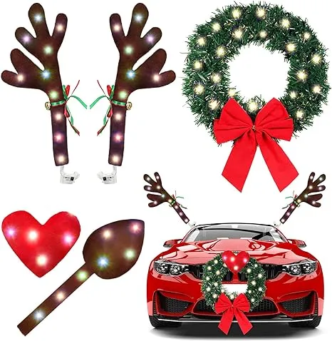 Car Reindeer Antlers, Heart Nose, and Tail with LED Lights