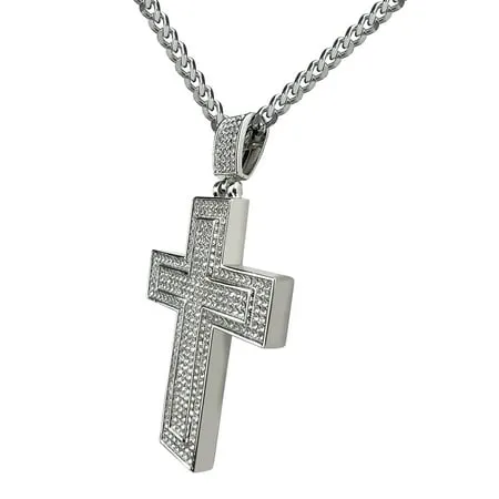 ORENTINI 3.5mm 925 Sterling Silver Plated Stainless Steel Cuban Link Chain with CZ Iced Out 3" Cross Pendant for Men, Woman. 28 In Length Lobster Clasp