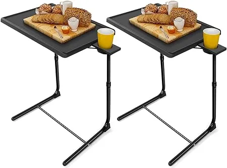 LORYERGO TV Tray Table - [2 Packs] Adjustable TV Dinner Tray Tables with 6 Height & 3 Tilt Angle, Folding TV Trays with Cup Holder for Bed & Sofa,