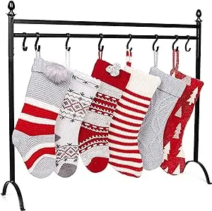 BIRDROCK HOME 8 Hook Deluxe Christmas Stocking Holder Stand - Heavy Duty Freestanding Rack with Removable Stocking Hooks - Iron Metal Design for Hanging Stockings, Ornaments, and Holiday Decor - Gold