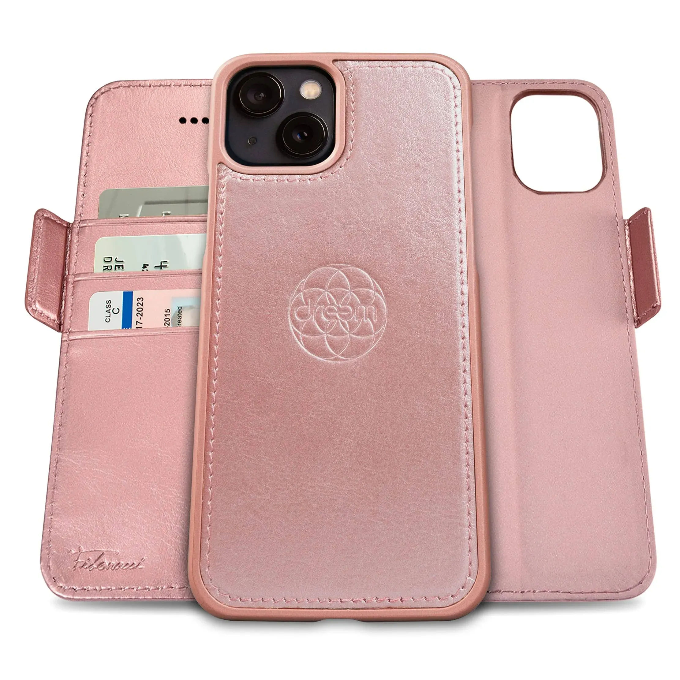 Dreem Fibonacci iPhone 13 Wallet Case / 2-in-1 Shockproof Case and Detachable Vegan Leather Folio, MagSafe Compatible, RFID Protection [Rose]