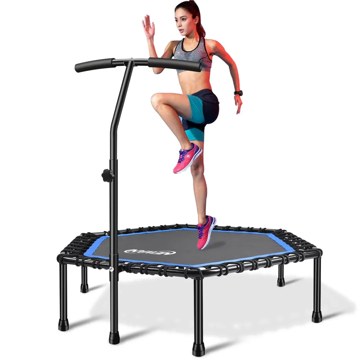 Newan 48'' Fitness Trampoline with Adjustable Handle Bar, Silent Trampoline Bungee Rebounder Jumping Cardio Trainer Workout for Adults - Max Limit 330 lbs