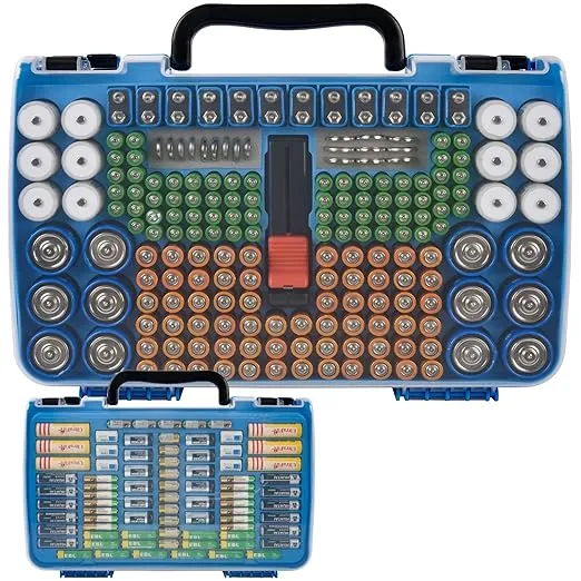 Battery Storage Organizer Case Holder Box with Tester, Double-Sided Batteries Fits for 269 Caddy Container AA AAA AAAA 3A 4A 9V C D Lithium 23A 4LR44 CR123A CR1632 CR2032 - Deep Blue