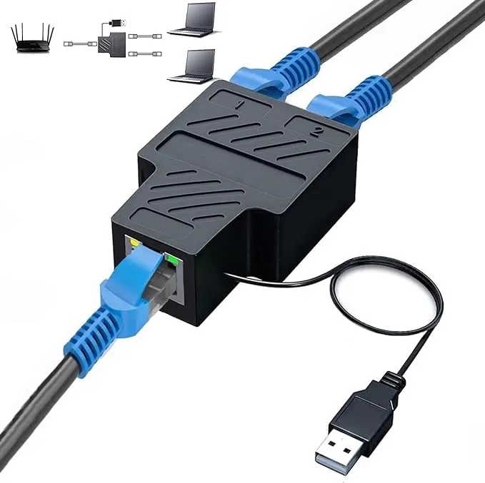 CAPUP Ethernet Splitter 1 to 2 High Speed, 100Mbps Ethernet Splitter [2 Devices Simultaneous Networking], RJ45 Splitter Adapter with USB Power Cable, Internet Splitter for Cat5/5e/6/7/8 Cable