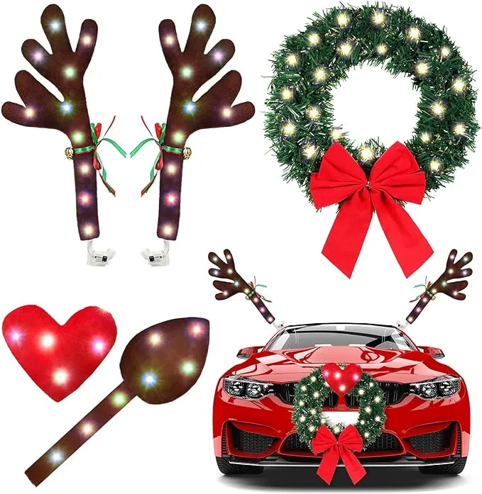 Car Reindeer Antlers, Heart Nose, and Tail with LED Lights