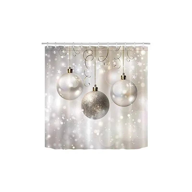 LB Christmas Shower Curtain Set Silver Xmas Balls Winter Bathroom Curtain with Hooks 72x72 inch Waterproof Polyester Fabric Bathtub Curtain