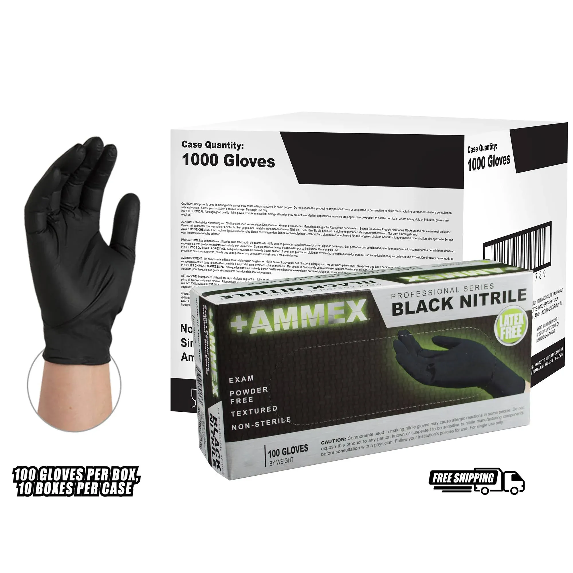 AMMEX Black Nitrile Exam Gloves, Case of 1000, 3 Mil, Size Small, Latex Free, Powder Free, Textured, Disposable, Non-Sterile, Food Safe, ABNPF42100