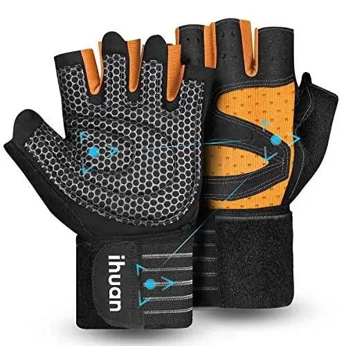 ihuan Ventilated Weight Lifting Gym Workout Gloves with Wrist Wrap Support for Men & Women, Full Palm Protection, for Weightlift