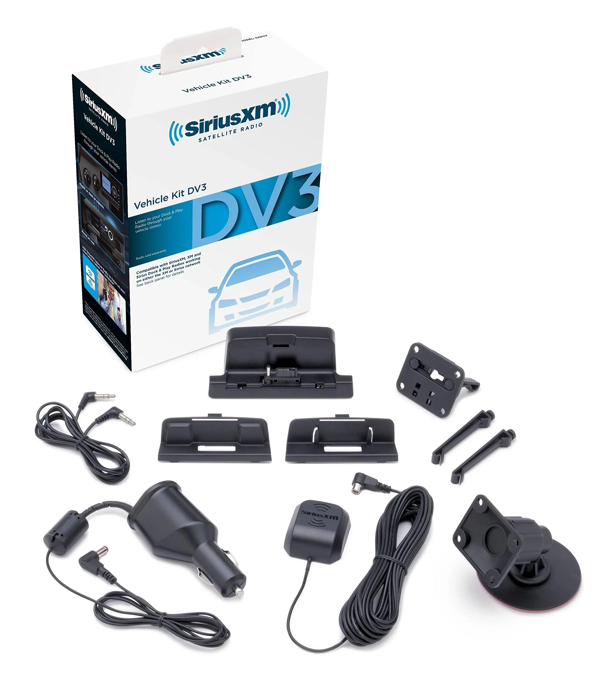 Siriusxm SXDV3 Dock &amp; Play Vehicle Kit, Magnetic Antenna, Mounts, FM Extender, Power Adapter