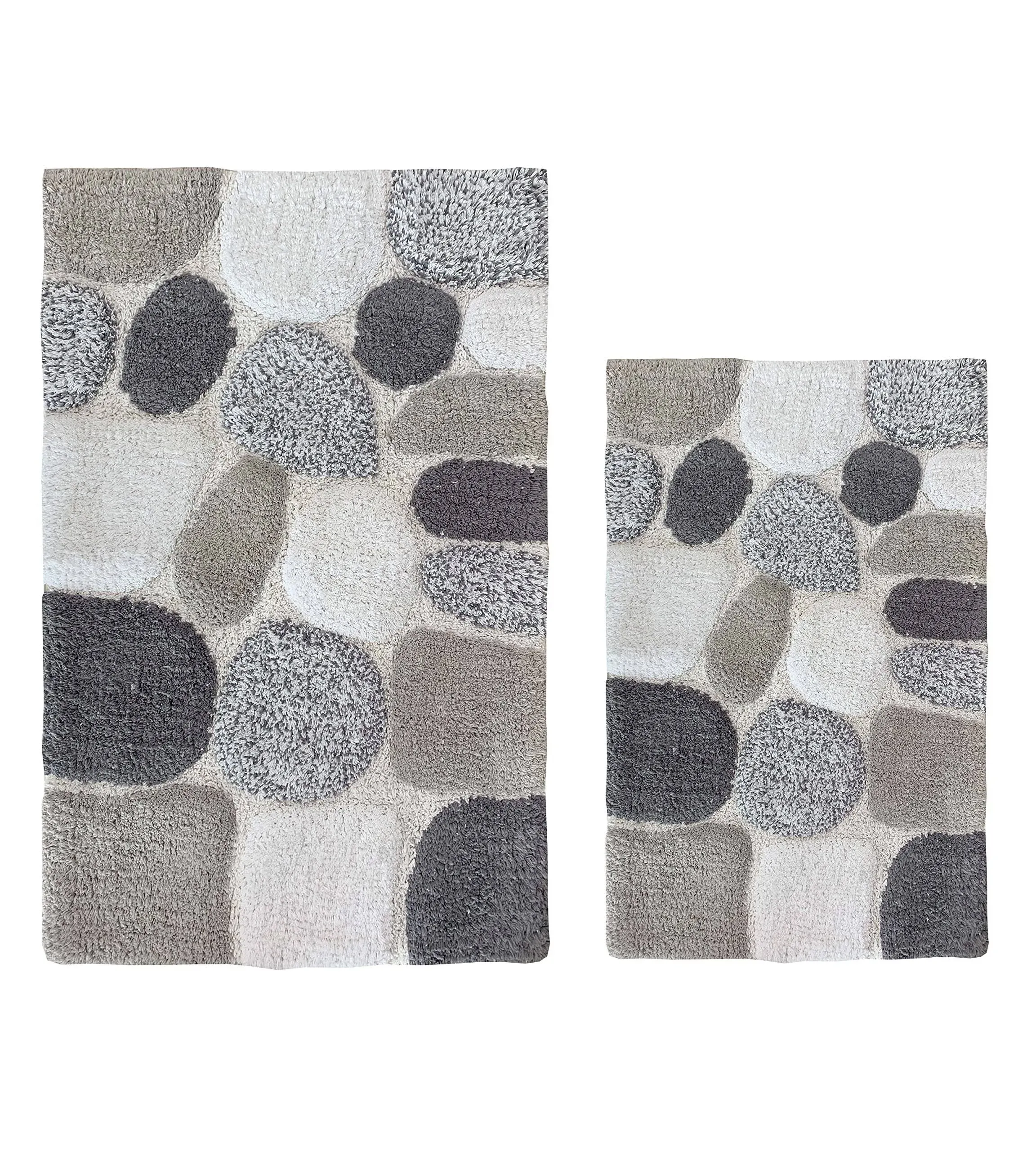 THE BEER VALLEY Pebble Stone Bath Rug Set of 2- Light Grey, 100% Cotton Non Slip