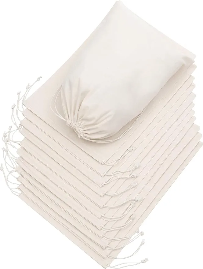 Dr 100 Percent Cotton Muslin Drawstring Bags 12-Pack for Shoes Storage Pantry - Unbleached (10 x 15 Beige)