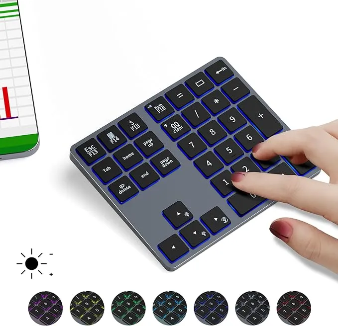 LIAN MO Wireless Bluetooth Numeric Backlit Keyboard Metal Material Rechargeable Numpad Slim 34 Keys Easy to Carry for iPad/Mac/Laptop/PC Compatible with Windows Android iOS