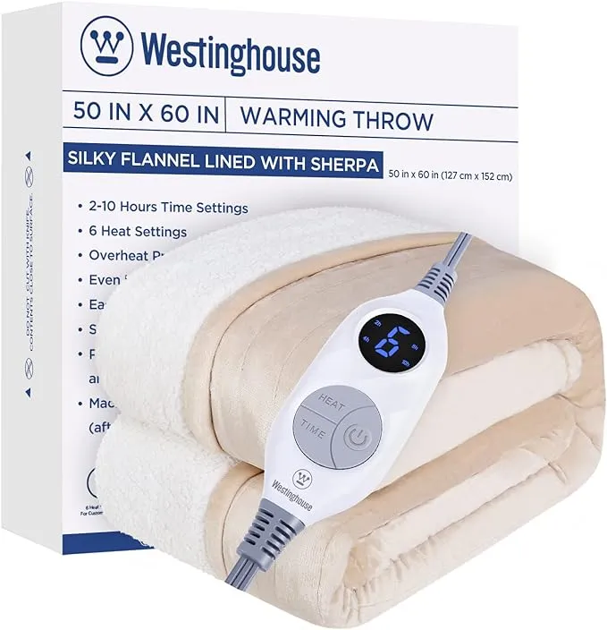 Westinghouse Electric Blanket Throw Heated Blanket with 6 Heating Levels and 2-10 Hours Time Settings, Flannel to Sherpa Super Cozy Heated Blanket