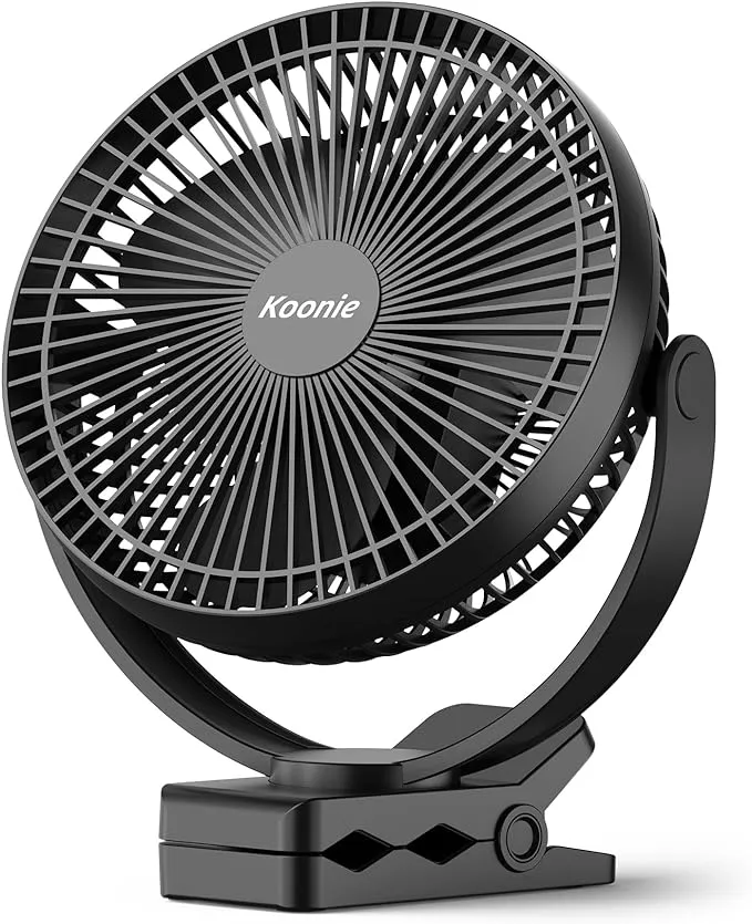 Koonie 10000mAh Clip On Fan Rechargeable, 8-Inch Battery Operated Desk fan, USB fan, 4 Speeds, Strong Airflow, Sturdy Clamp for Golf Cart Office