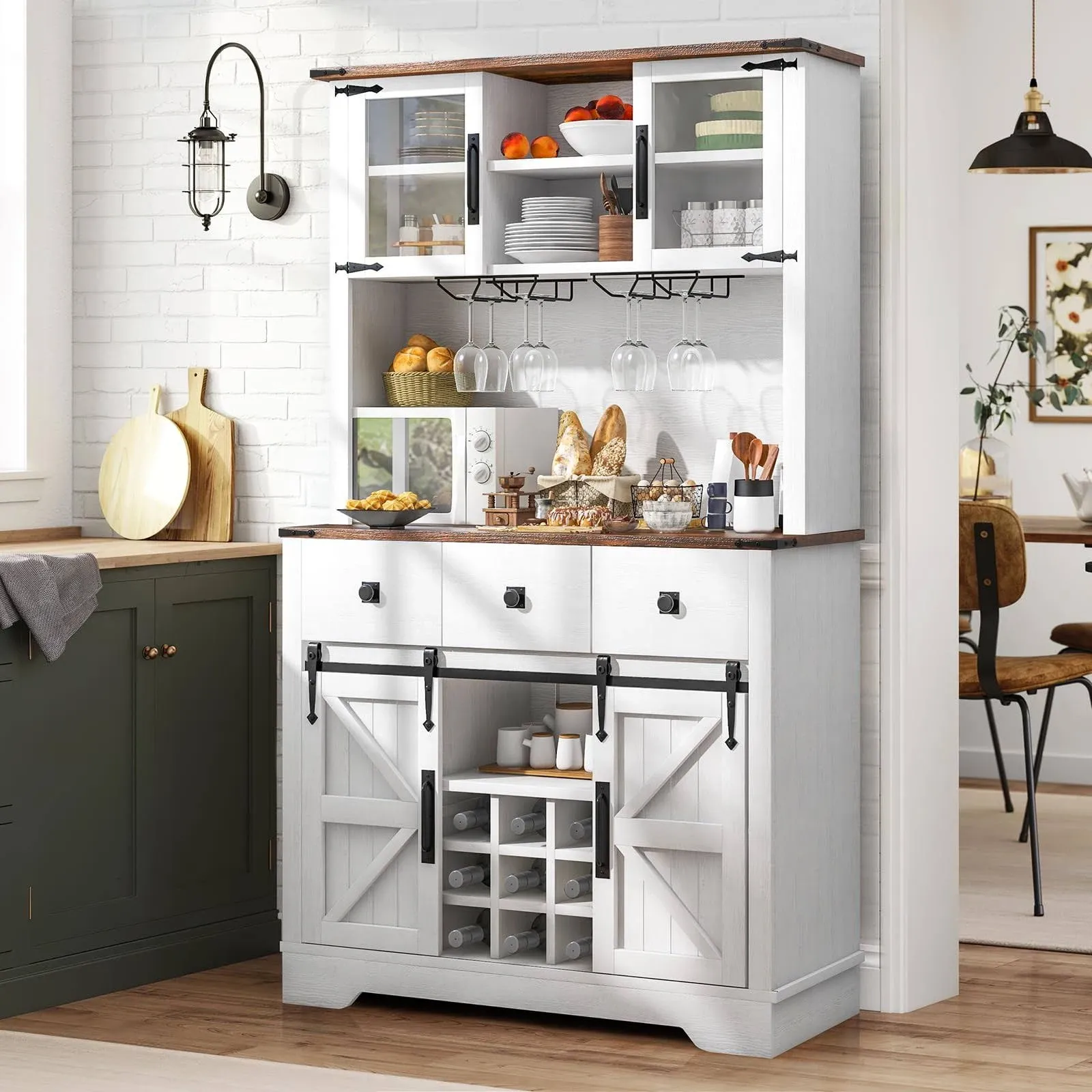 Oneinmil 71” Farmhouse Bar Cabinet with Sliding Barn Doors, Large Storage Pantry Cabinet with 3 Drawers, Rustic Buffet with Wine and Glasses Rack White