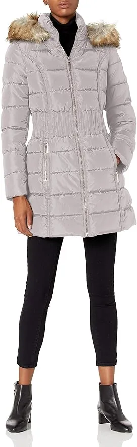 Laundry by Shelli Segal Women's 3/4 Puffer Jacket with Zig Zag Cinched Waist and Faux Fur Trim Hood