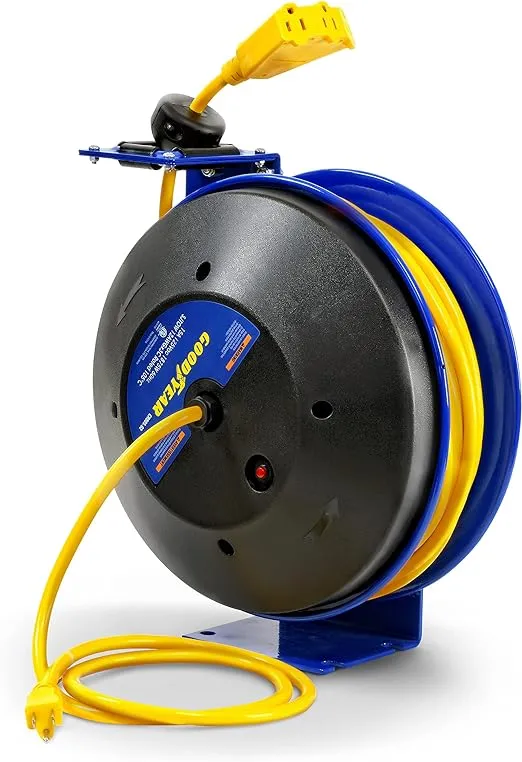 Goodyear Extension Cord Reel Retractable 12AWG x 50' Feet 3C SJTOW Cable Triple Tap Connector Power Rating 125 Volt AC 13 Amp 1625 Watt Industrial Steel Single Arm