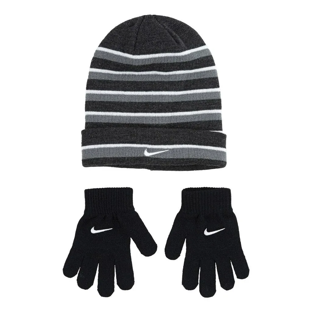 Nike Boy`s Futura Foldover Beanie & Glove 2 Piece Set Black/Heather 8-20