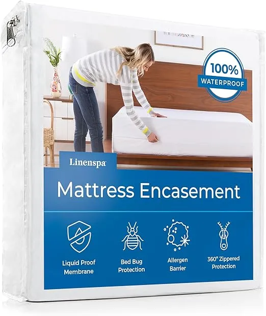 Linenspa Zippered Waterproof Mattress Encasement, Twin, Twin, White