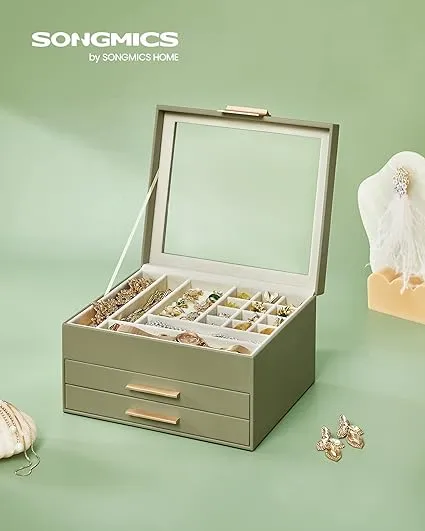 SONGMICS Jewelry Box with Glass Lid Jewelry Organizer, 3 Drawers, for Big and Small Jewelry