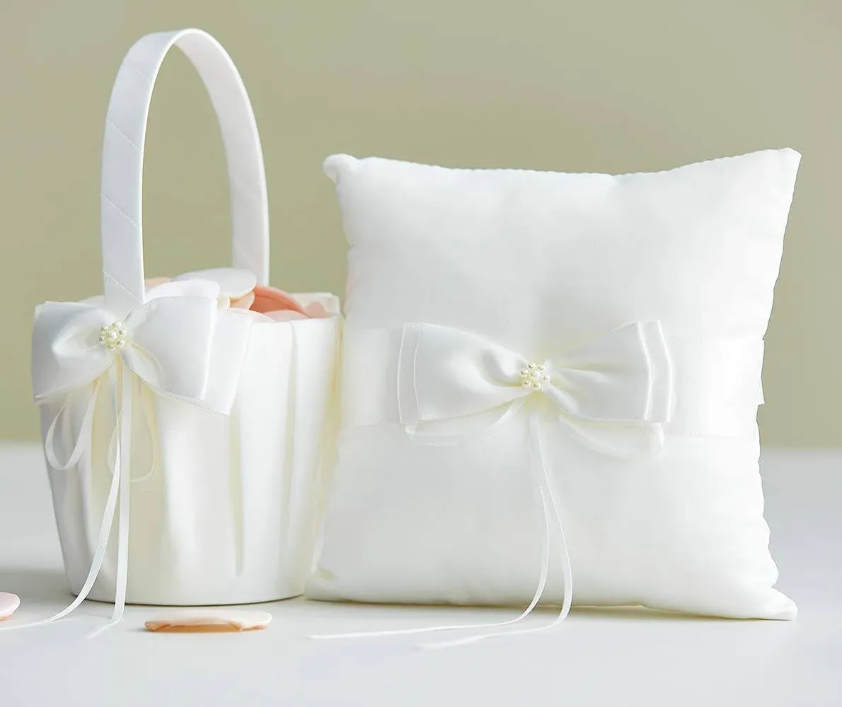 ATAILOVE Wedding Flower Girl Basket and Ring Bearer Pillow Set Simple Bow Pearl ...