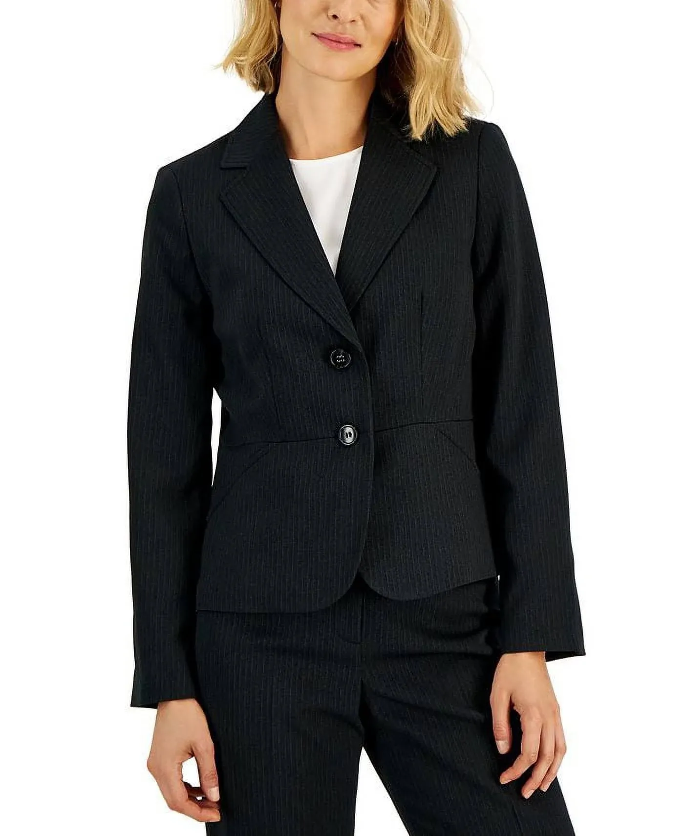 Le Suit Black Women's Two-Button Pin Stripe Straight-Leg Pantsuit, US 8