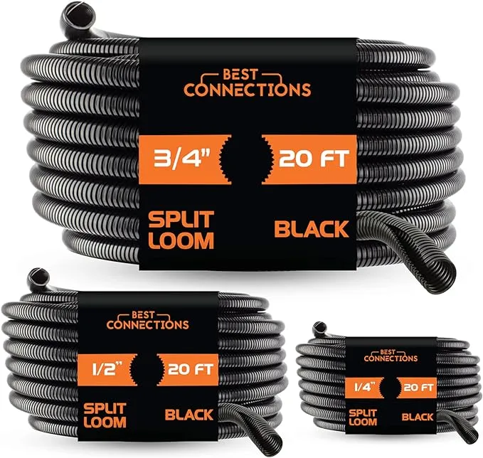 (1/4" X 20 ft) (1/2" X 20 ft) (3/4" X 20 ft) Assorted Split Wire Loom Flex-Guard Convoluted Tubing – Protective Split Cable Sleeves/Conduit – Black